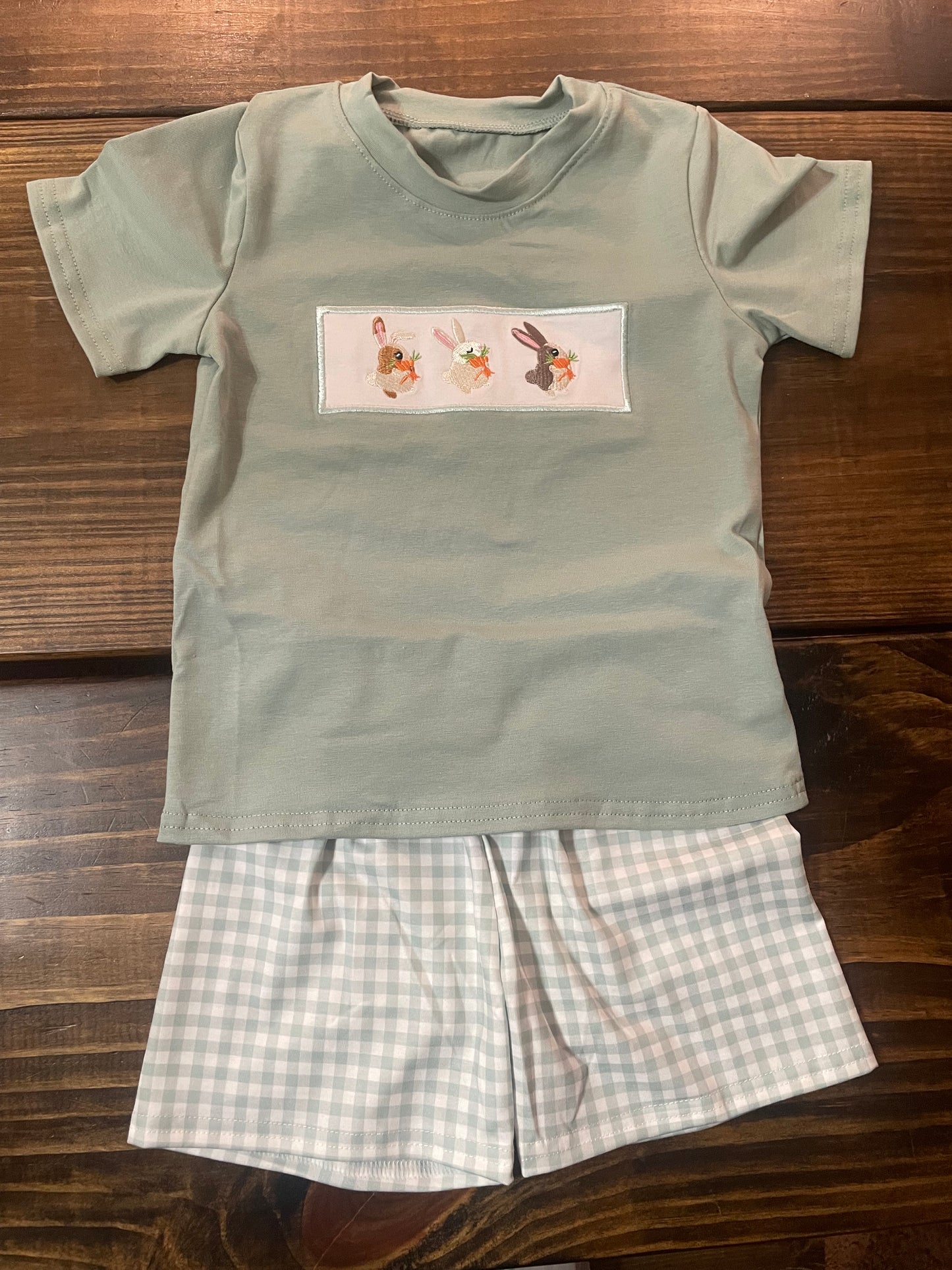 Green Bunny Embroidery Plaid Boy's Set