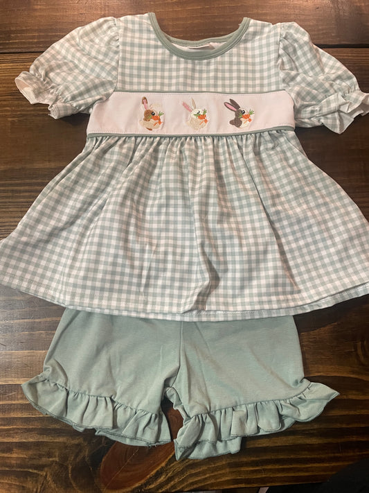 Green Bunny Embroidery Plaid Girl's Set