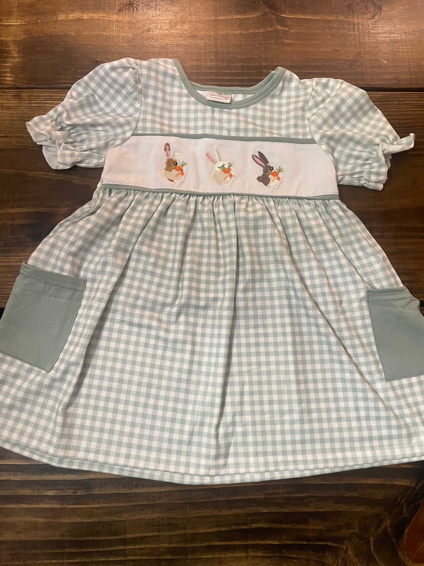 Green Bunny Embroidery Plaid Dress