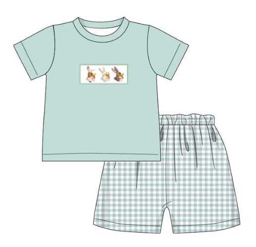 Green Bunny Embroidery Plaid Boy's Set