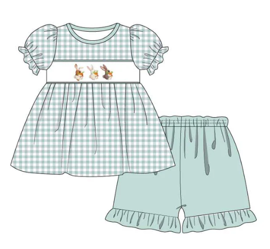 Green Bunny Embroidery Plaid Girl's Set