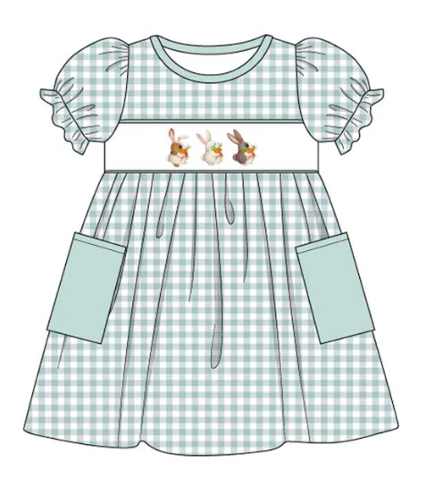 Green Bunny Embroidery Plaid Dress